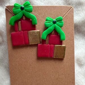 Festive Christmas Gift Box Handmade Polymer Clay Earrings with Green Bows